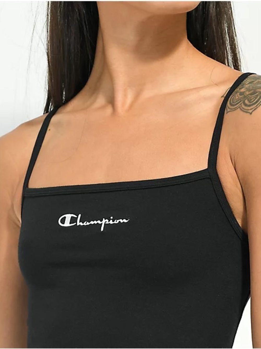 Champion: Black Logo Square Neck Spaghetti Strap Jersey Cami Tank Top, M